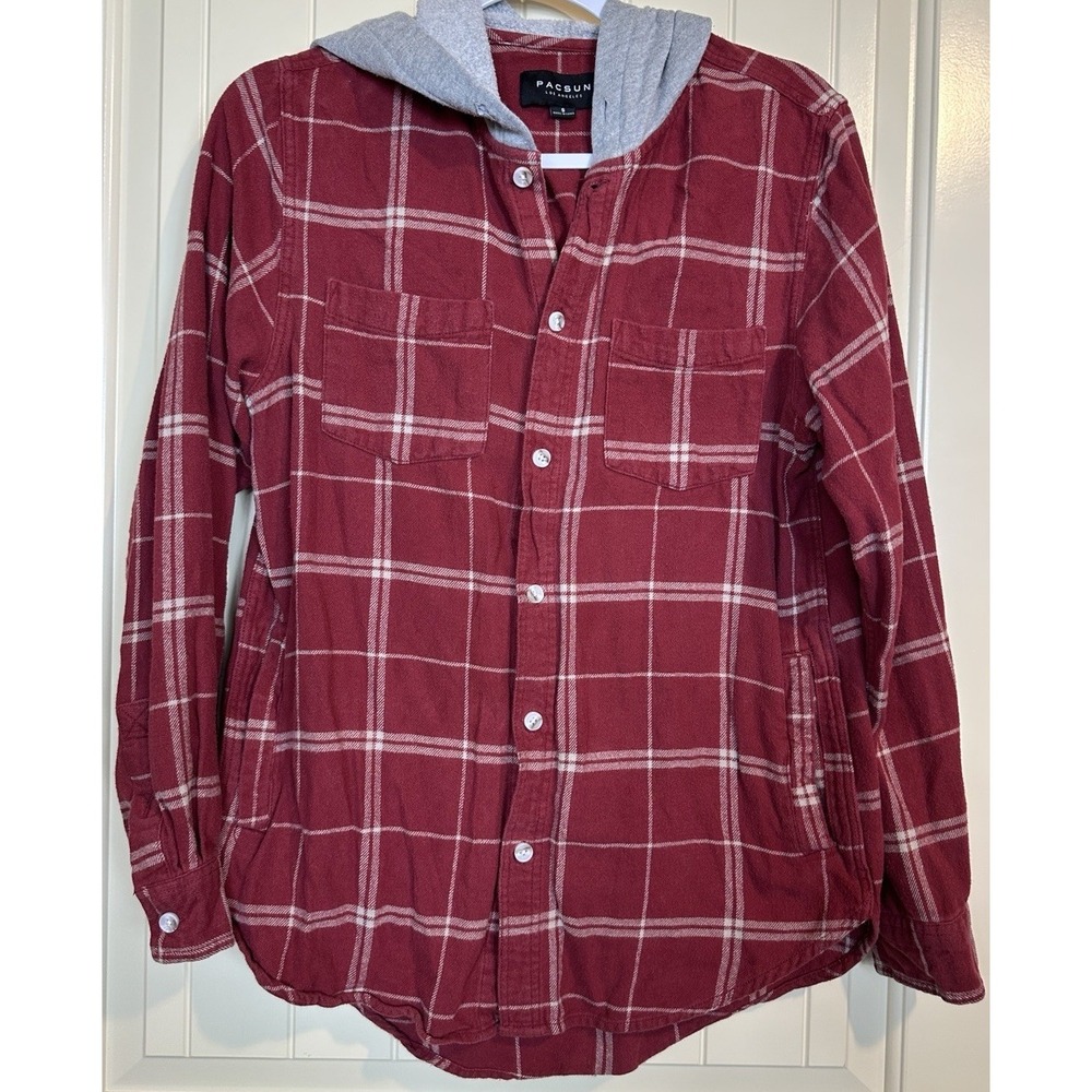 Pacsun Shirt Hoodie‎ Mens Small Red Plaid Flannel Button Up Grunge Skate Shacket